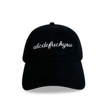 Load image into Gallery viewer, abcdeFUCKYOU black embroidered dad hat for women, bold attitude statement hat