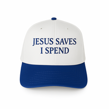 Load image into Gallery viewer, Jesus Saves, I Spend - Natural & Royal Blue Trucker Hat