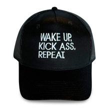 Load image into Gallery viewer, Wake Up Kick Ass Repeat embroidered trucker hat for women, motivational cap