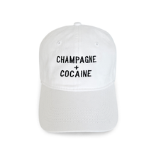 Load image into Gallery viewer, Champagne and Cocaine white embroidered dad hat for women, funny statement hat