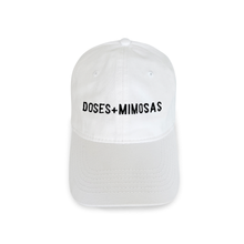 Load image into Gallery viewer, Doses and Mimosas white embroidered dad hat for women, funny brunch hat