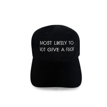 Load image into Gallery viewer, Most Likely To Not Give A Fuck black embroidered dad hat for women, funny statement hat