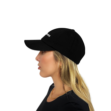 Load image into Gallery viewer, Pas De Photos dad hat side profile, black hat with white embroidery