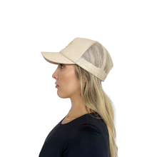 Load image into Gallery viewer, STAY GOLDEN hat detail flat lay, embroidered trucker snapback