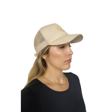 Load image into Gallery viewer, STAY GOLDEN trucker hat women styled, embroidered snapback mesh cap