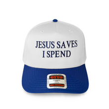 Load image into Gallery viewer, Jesus Saves, I Spend - Natural &amp; Royal Blue Trucker Hat
